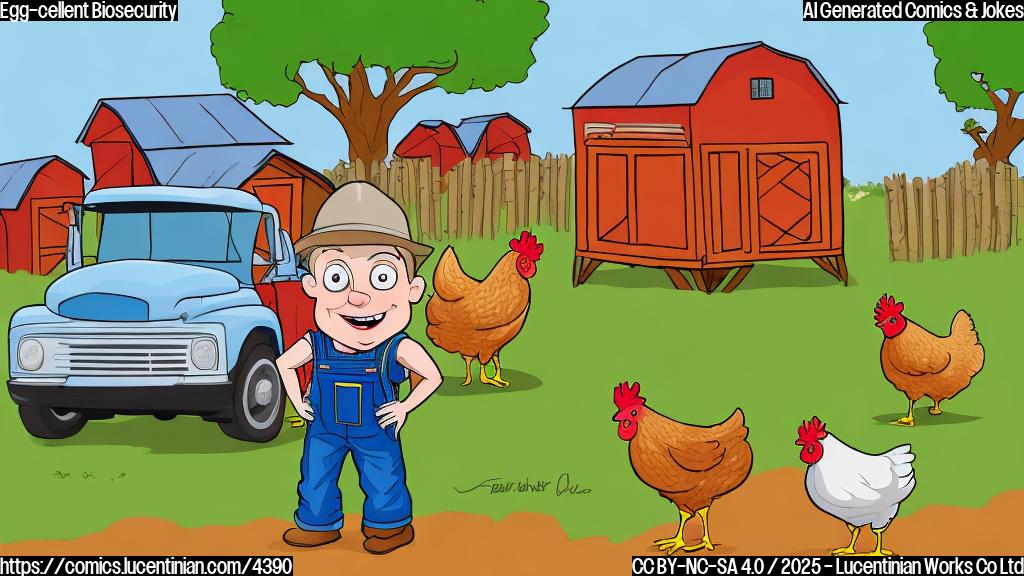 A cartoon drawing in plain colors of a farmer in overalls, next to a very clean truck, smiling proudly.  In the background, a large chicken coop with enhanced security features like automatic doors and fences, and a bird flying away. The style should be simple, similar to a children's book illustration.