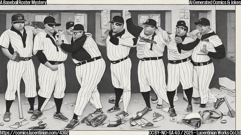 A cartoon of several overweight baseball players in a cramped clubhouse, drawn in a simple, single-color style