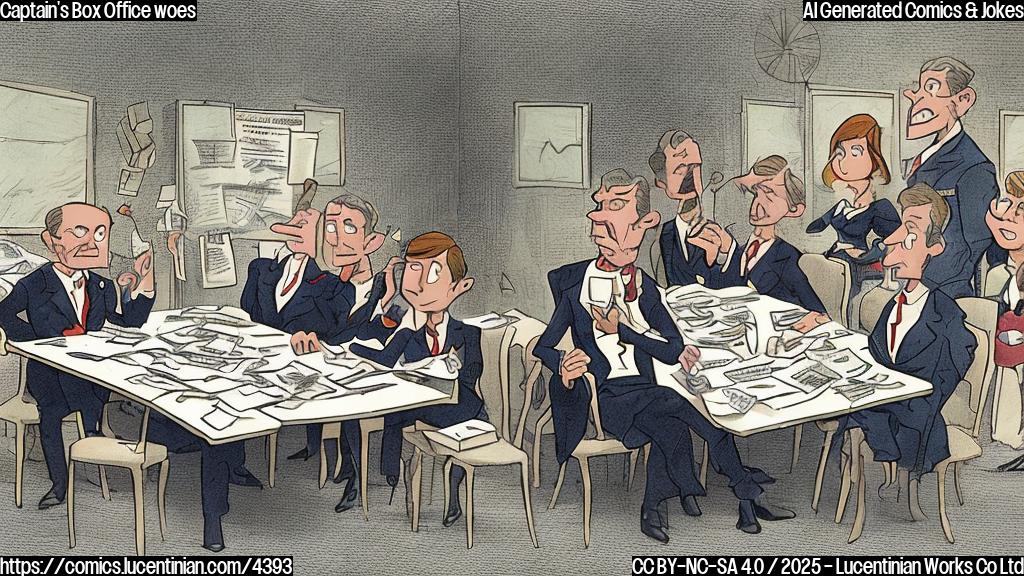 A plain color cartoon of a group of unhappy looking business people in suits sitting around a table in a dark room, looking at a graph showing a small blip representing $40 million, the table is cluttered with papers, while a large superhero figure, resembling Captain America but without any recognizable features, stands in the background looking dejectedly at the group.