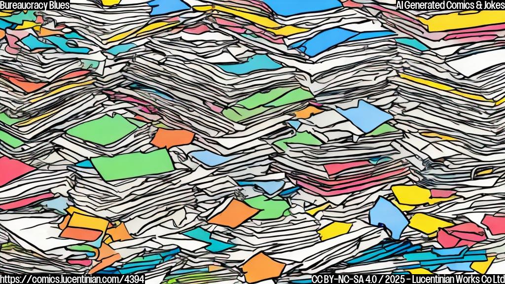 A cartoon drawing of a plain color style depicting a large pile of papers overflowing from a desk, with a small, overworked-looking person buried under it. Use only a few colors.