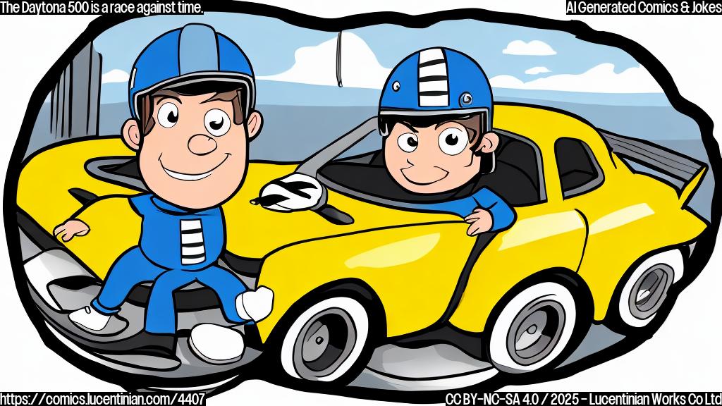 A cartoon drawing of a race car driver in a simple, plain colored style.  The driver is wearing a racing suit and helmet, and is carrying a small step ladder. The background is a simple oval racetrack. The overall tone should be humorous.