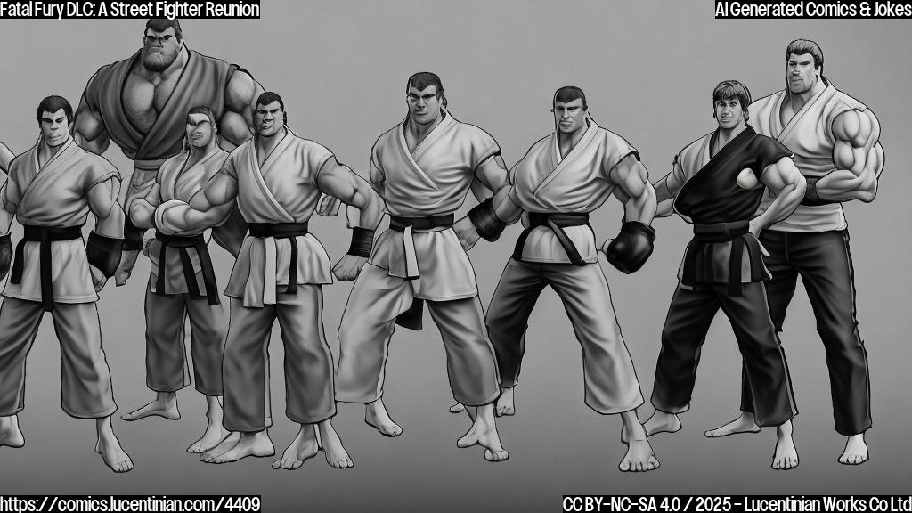 A simple cartoon drawing of four characters in a fighting game. Two characters look like classic martial arts masters, one is a large imposing figure, and one is slim and athletic, standing in a fighting stance, with a plain background.