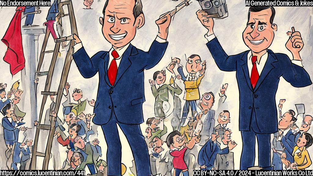 Draw a cartoon of a person on a podium with a large crowd, holding a ladder and smiling up at the camera. The person is wearing a suit and a serious expression, but there's a subtle hint of a smirk on their face.