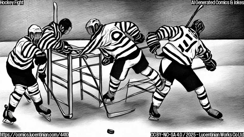 A cartoon drawing of two hockey players fighting, one of them is holding a ladder. The drawing is in a plain color style.