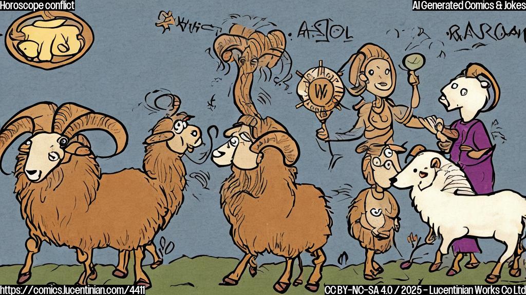 A simple cartoon of a ram looking nervously at a group of stick figures representing a family, with a speech bubble above the ram saying "Horoscope says avoid conflict!"