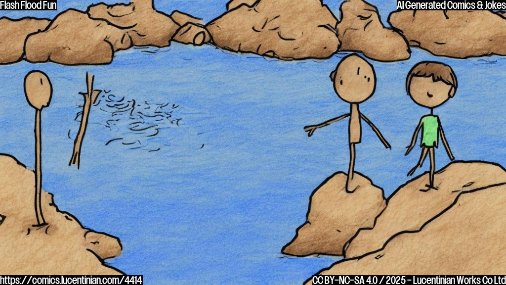 A simple cartoon drawing of two stick figures. One stick figure is standing on top of a small hill, looking down at another stick figure that is surrounded by blue water. Both figures are drawn in plain colors. The background is plain light blue.