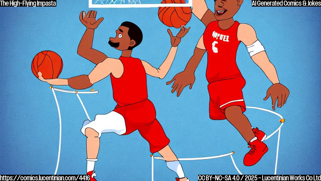 A cartoon drawing of a basketball player in a simple red jersey,  with a ladder next to him, trying to dunk a basketball into a hoop that is comically high, in a plain, flat color style. The background is a simple light blue.