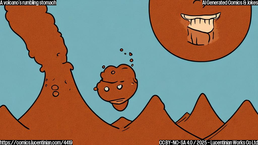 A simple cartoon drawing of a volcano with a large, unhappy face, clutching its stomach. The volcano is a simple brown cone shape, and the background is a plain light blue. The style should be simple, flat color, without shading or gradients.