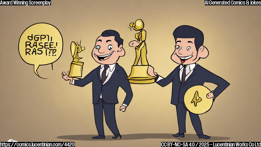 A cartoon of a happy person holding a golden statuette, wearing a suit, with a speech bubble that says "Finally got a raise!".  Plain color style, simple background.