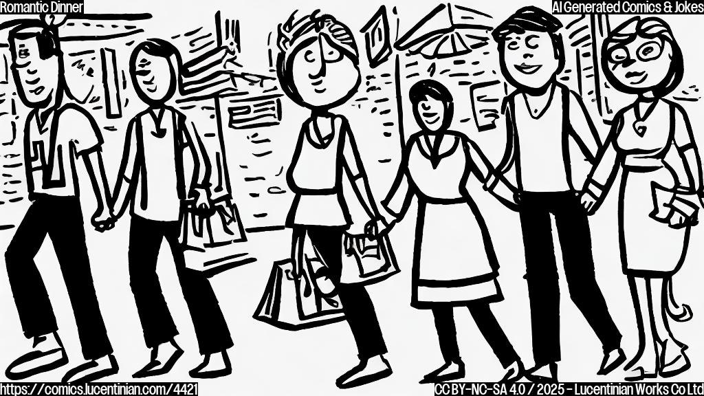 A simple cartoon drawing of two happy stylized figures, a man and a woman, with simple facial features.  The man is slightly older with grey hair, and the woman is younger.  They are holding hands and smiling broadly as they exit a simple, outlined restaurant, with two take-away bags in one hand between them. The style is flat, with no shading or gradients, using only a few simple colors (e.g., red, black, beige).