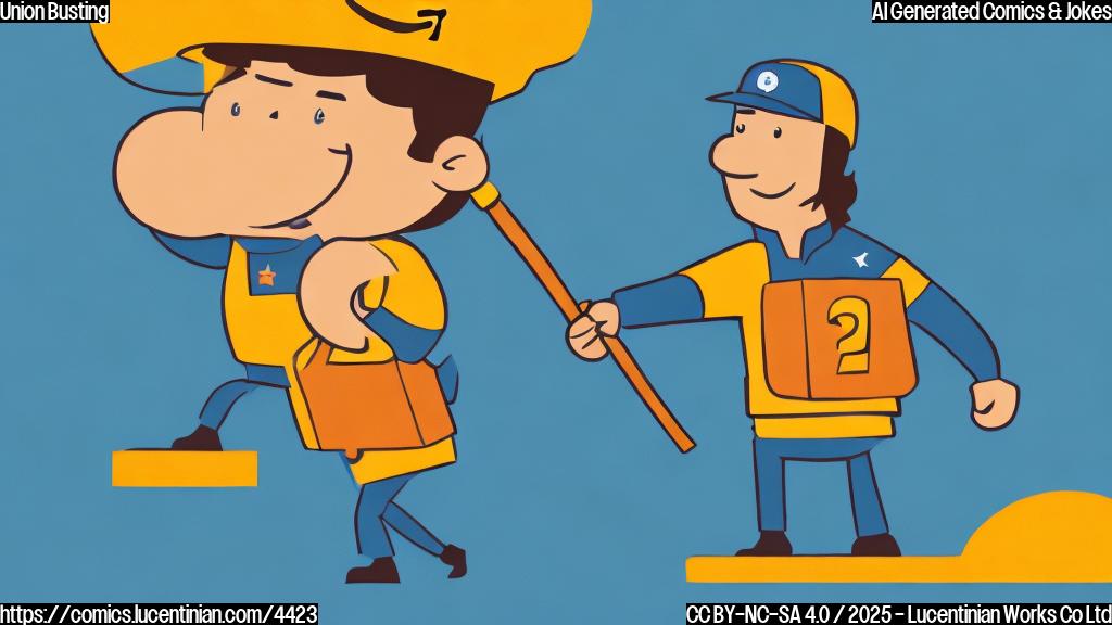 A cartoon of a person in an Amazon uniform smiling and crossing a picket line with simple shapes and colors. The background should be plain and the style should be simple and clear.