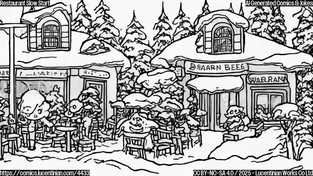 A simple cartoon drawing in plain colors, showing a restaurant with a sad face, surrounded by snow, smoke and some sad-looking customers standing some distance away.