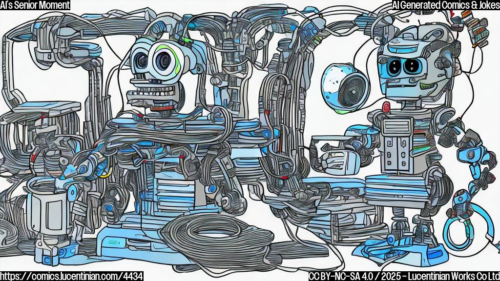 A cartoon drawing of a confused-looking robot with wires sticking out, in plain colors, simple style