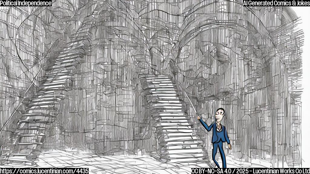 A cartoon of a person in a suit and tie, carrying a ladder, walking up a large set of stairs that lead to a building with a dome. The style should be simple, with only a few colors, and the background should be plain.  The focus should be on the person and the ladder.