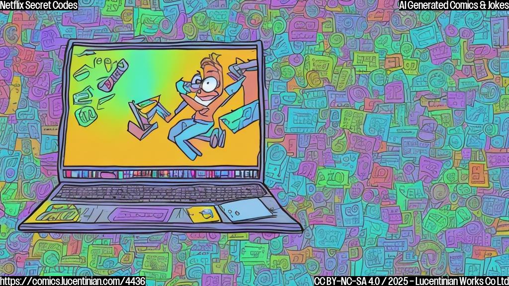 A cartoon drawing in plain colors of a person sitting in front of a laptop, looking intently at the screen.  The laptop screen displays a grid of various colorful movie icons.  The person has a determined look on their face and a pencil in one hand, writing codes in a notebook on their lap. The style is simple and minimalistic, with a flat color palette, and a playful cartoon-like feel.