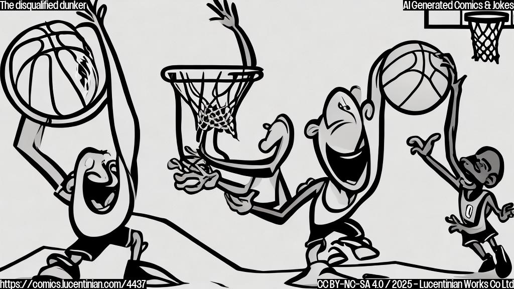 A simple cartoon drawing in plain colors of a tall basketball player with a surprised face dunking the ball over a small, surprised referee. The background is a basketball court with simple lines.