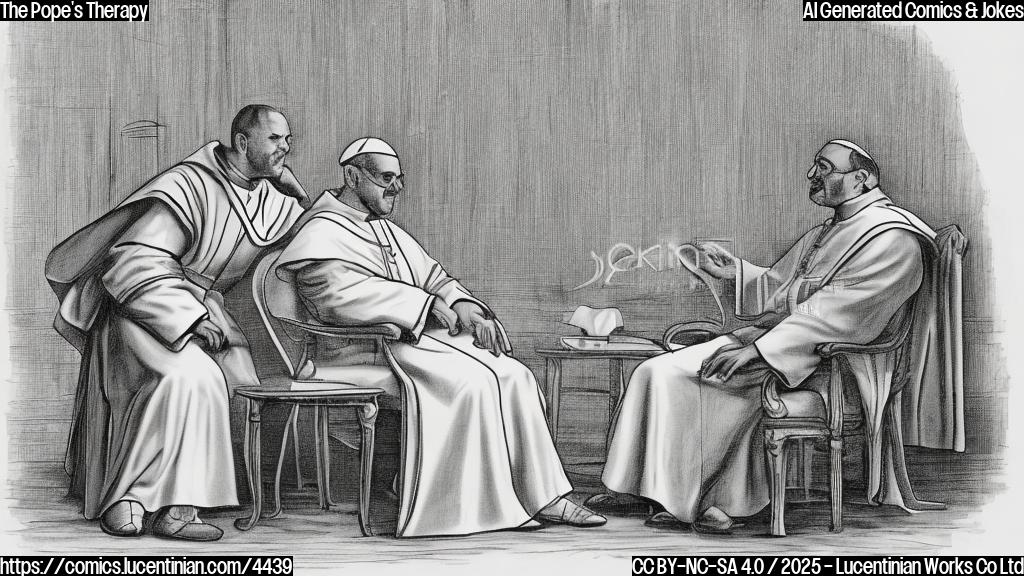 A cartoon of a therapist sitting opposite a person dressed in papal robes.  Both are light gray. The background is a pale yellow plain color. Simple lines and solid colors.