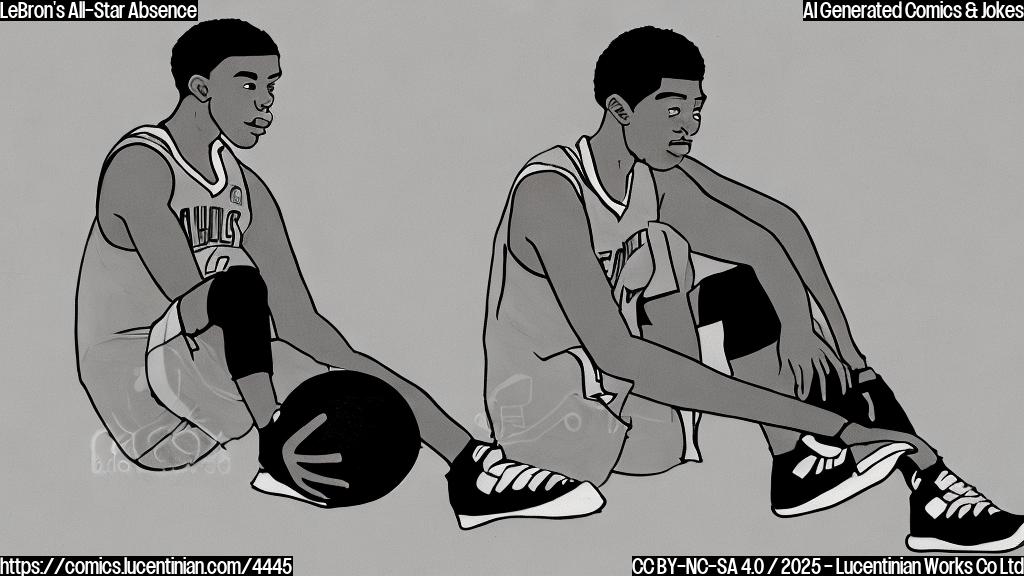 A simple cartoon drawing of a basketball player with a sad expression, sitting on a bench with his feet elevated.  The colors should be muted blues, greens, and grays. The style should be simple and flat, with no shading or gradients. The background is a plain light gray.