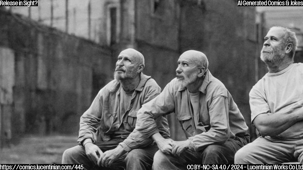 Two middle-aged men with worn-out clothing, sitting on a bench in a prison yard. One man is holding a step stool while staring at the other, who is looking up at the sky with a hopeful expression.