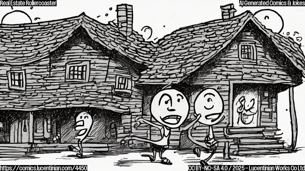 A cartoon drawing of a simple house with a sad face, running away from a group of stick figures with dollar signs for heads.