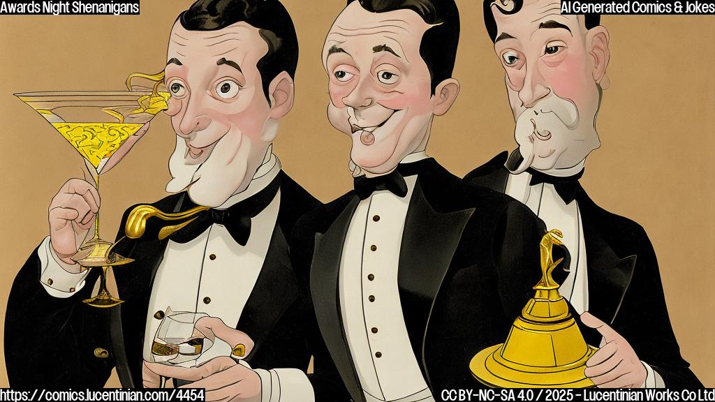 A cartoon of a tuxedo-clad host holding up a golden award statue with one hand, and gesturing with the other hand to reject a martini glass being offered by a cartoonishly elegant waiter, plain background.