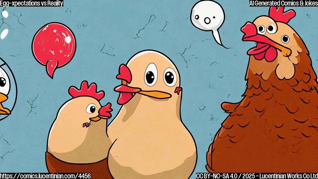 A cartoon style image of a smiling egg with a thought bubble, surrounded by worried-looking chickens and a vaccine vial in the background, with a few cracks on its shell.