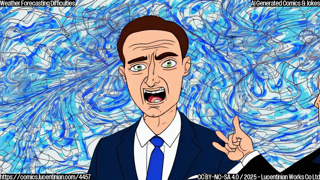 A cartoon of a frustrated meteorologist looking at a weather map with swirling lines and uncertain symbols, all in shades of blue and gray. The meteorologist is wearing a suit and has a confused expression. The background is plain gray.