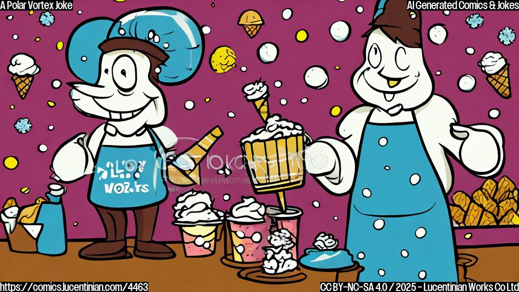 A cartoon drawing in plain colors of a polar vortex, personified as a happy cartoon character with a big smile, wearing an ice cream shop apron and holding an ice cream cone.