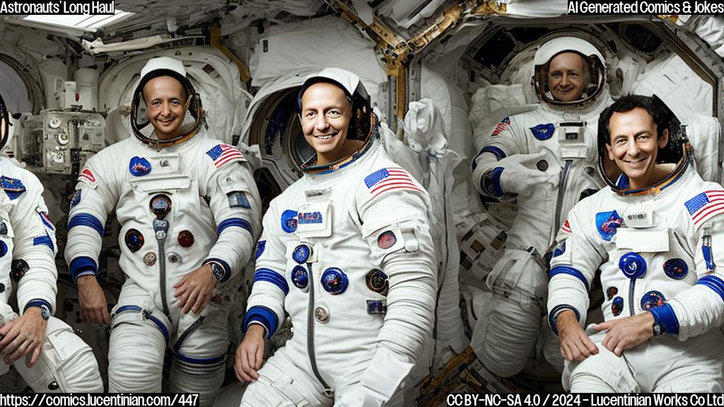 Two astronauts in spacesuits with helmets, sitting in a doctor's office, looking slightly disoriented. The doctor, an older man with a white lab coat, is leaning forward with a concerned expression.
