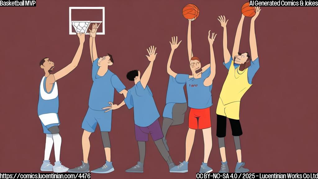 A cartoon drawing of a tall basketball player standing on a ladder, trying to high-five another cartoon basketball player, plain color style, no background.