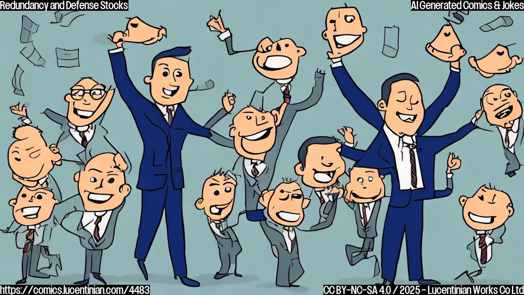 A simple cartoon drawing of a happy businessman in a suit celebrating in front of a rising stock chart, with a smaller image in the corner showing several sad-looking people losing their jobs. Use only plain colors like blue, green and black. No background.