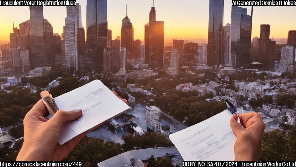 A person holding a clipboard with multiple voter registration forms, looking stressed and overwhelmed, standing next to a city skyline at sunset.