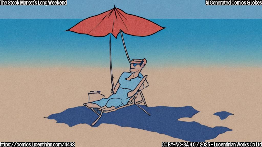 A cartoon of a simple stick figure representing the stock market relaxing on a beach with a cocktail umbrella in hand.  Simple lines and solid colors. Background color is a light blue, reminiscent of a summer sky. The stick figure is wearing simple sunglasses.