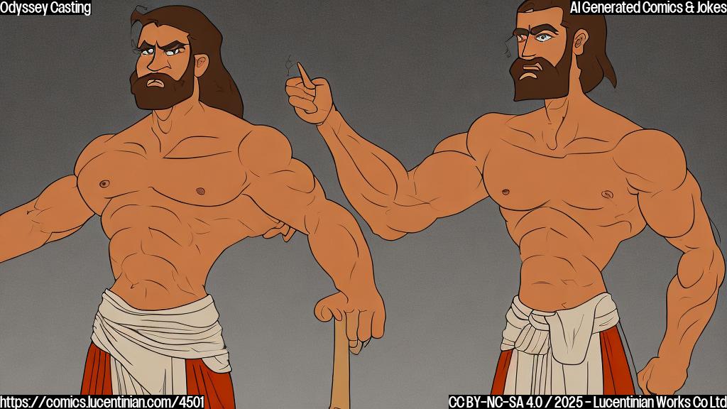 A simple cartoon drawing of a muscular man with a determined expression, wearing simple ancient Greek clothing, standing next to a director with a clipboard and a confused expression, both of them are rendered in a single plain color like orange. The background should be simple and plain in orange color as well.