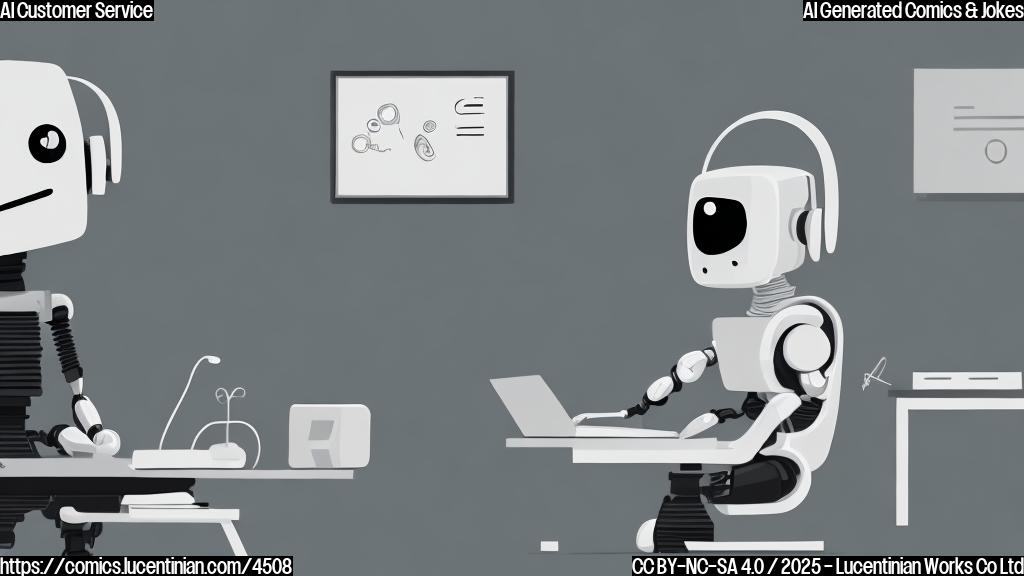 A simple cartoon of a sad robot wearing a headset, sitting at a desk with a computer screen that displays a customer service message. The robot is in plain grey color.  The background should be a light beige.