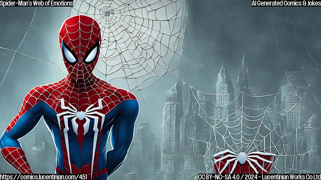 A cartoon-style image of a therapist with a calm expression, surrounded by spider webs and a city skyline, with Spider-Man's mask on the therapist's head. The therapist is holding a red notebook with a question mark on it, while the spider webs are tangled in a circular pattern, representing the hero's web of emotions.