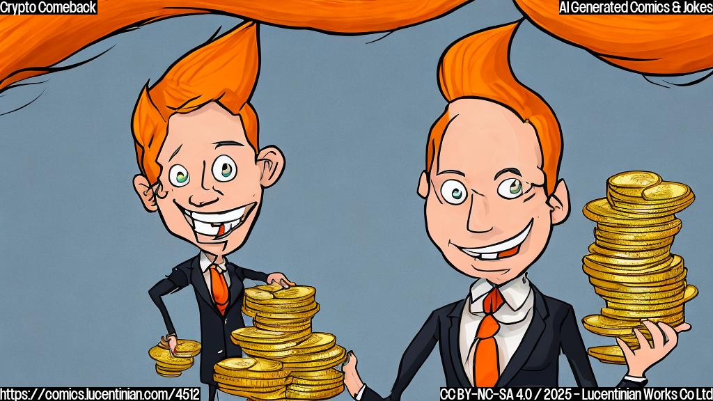 A cartoon drawing of a person with orange hair wearing a suit, smiling broadly while holding a stack of gold coins labeled "crypto," against a plain background. The style should be simple and flat, using only a few colors.