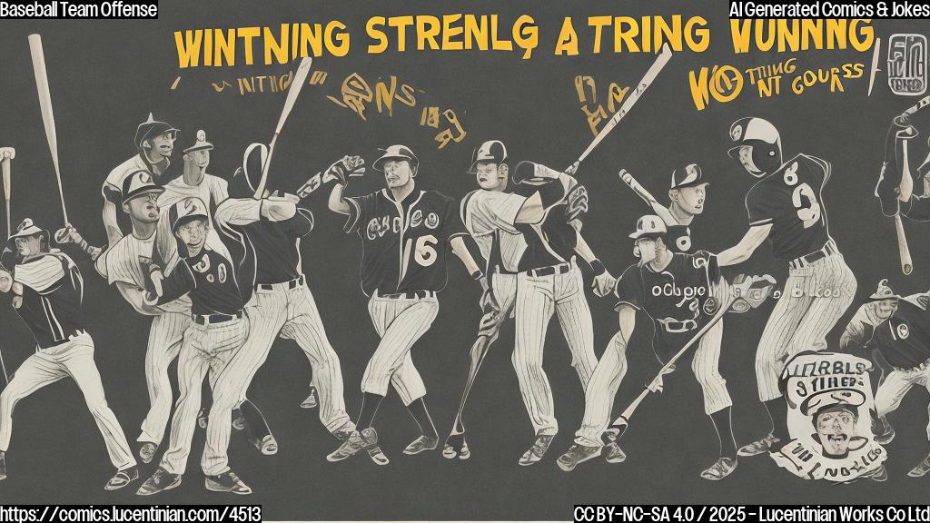 A simple cartoon of a baseball team looking sadly at a scoreboard with text "Hitting is not our strength", in plain colors, no background