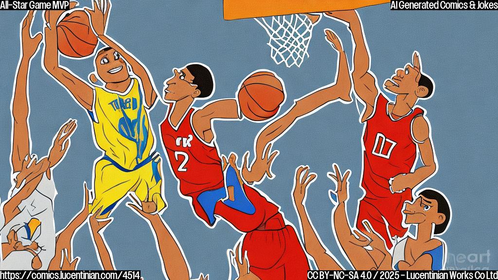 A cartoon drawing of a basketball player in a plain color style, using a ladder to reach another player for a high five, background is plain color