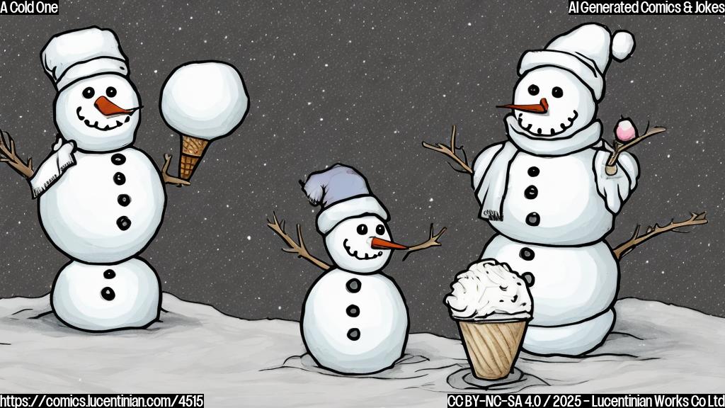 A simple cartoon drawing of a snowman with a disappointed expression holding a snowball, next to an ice cream stand with melting ice cream. Use only plain colors, no shading or gradients.