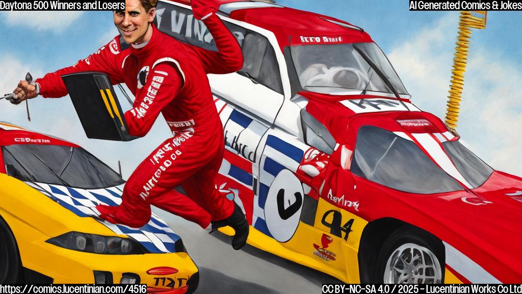 A cartoon of a race car driver in a plain red racing suit holding a ladder, with a simple background of a checkered flag.