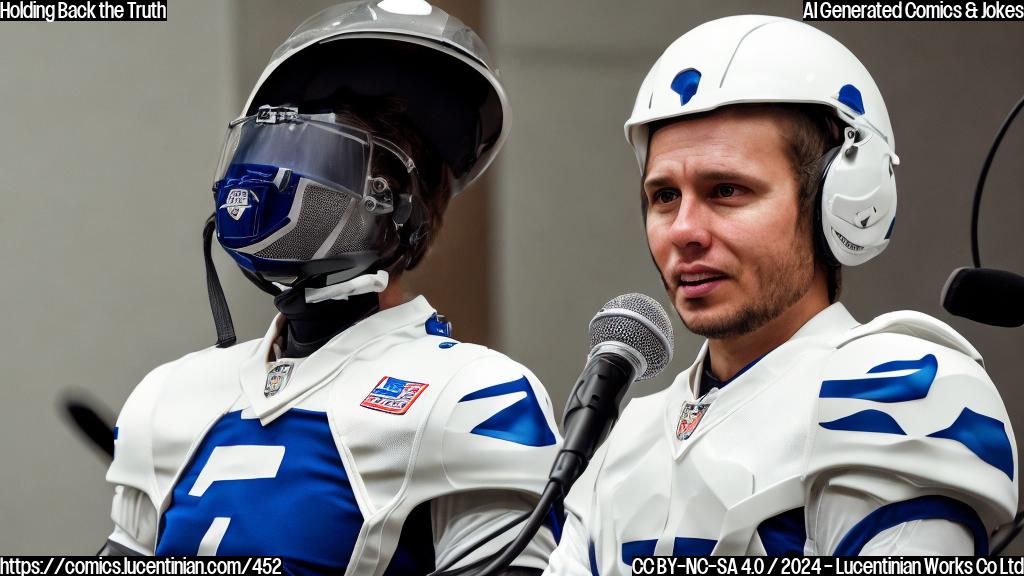 A person with a helmet and pads, sitting at a podium with a microphone in front of them. They are wearing a thoughtful expression, and their hand is holding open a door for someone else to walk through.