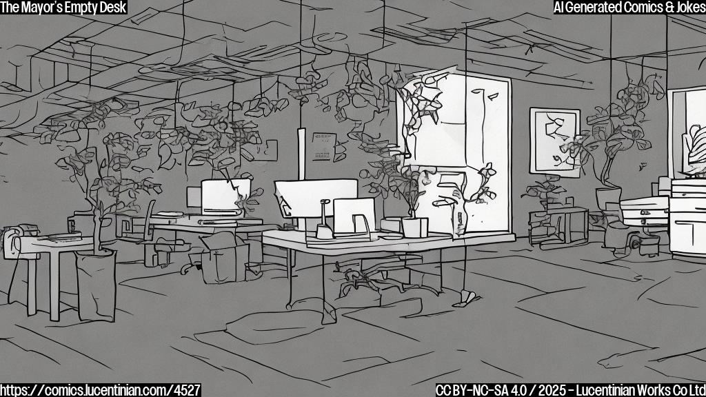 A cartoon drawing in plain colors, showing a large, empty office. Several empty chairs are arranged around a large desk. The desk is clean and clear, except for a single, slightly wilted plant in a pot. The background is a simple light-grey. Style is simple line art, with flat coloring and no shading. The image should evoke a sense of emptiness and abandonment.