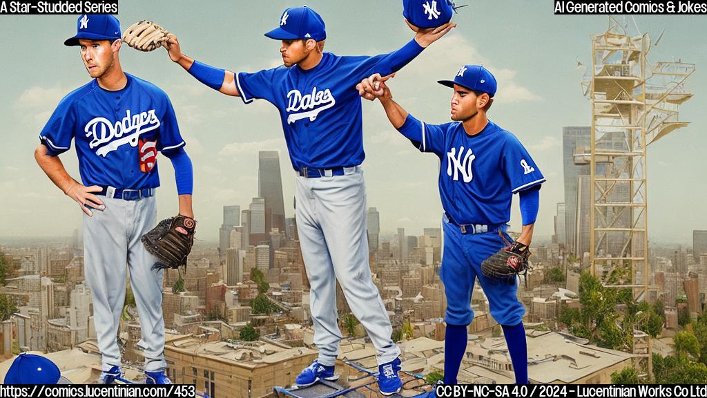 A cartoon style image of two baseball players, one wearing a New York Yankees cap and the other wearing a Los Angeles Dodgers cap, standing on top of a ladder that has "NEXT LEVEL" written on it in bold letters.
