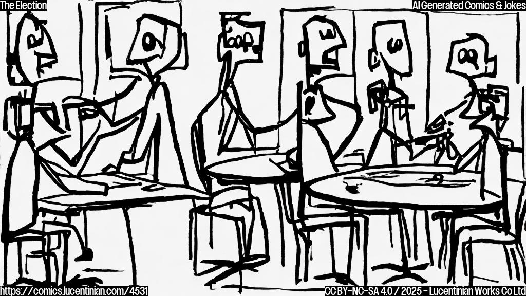 A cartoon drawing of four stick figures in a simple plain color style arguing around a table, one stick figure is significantly taller than the others.