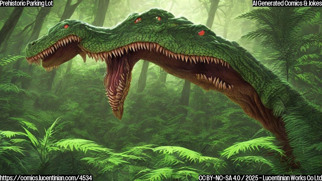 A simple cartoon drawing of a green-skinned, reptilian creature with sharp teeth and claws driving a sleek, red, prehistoric-looking car in a dense jungle filled with giant trees and ferns. The background is a muted green and brown, with a single sun in the sky. The style is plain color, no shading or gradients. The creature has a worried expression, and a police officer, drawn in a simple style, is seen in the background giving the reptile a ticket.