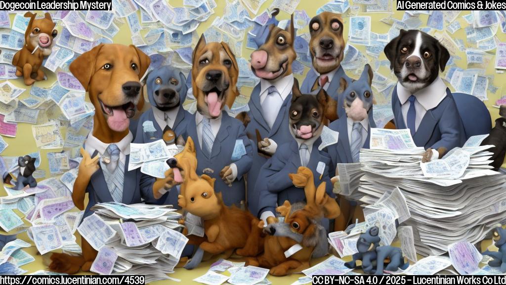 A cartoon of a confused-looking dog wearing a suit and tie, sitting at a desk piled high with paperwork. The dog is surrounded by several smaller, equally confused-looking pony figures. The background is a plain light blue color.