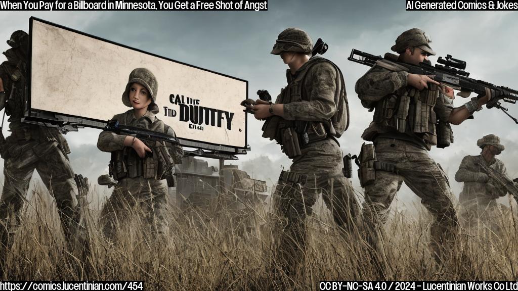 a cartoon style image of a billboard with a familiar pose and facial expression, but with a Call of Duty camouflage hat on top and a few rifle silhouettes surrounding it, with a hint of a therapist's couch in the background