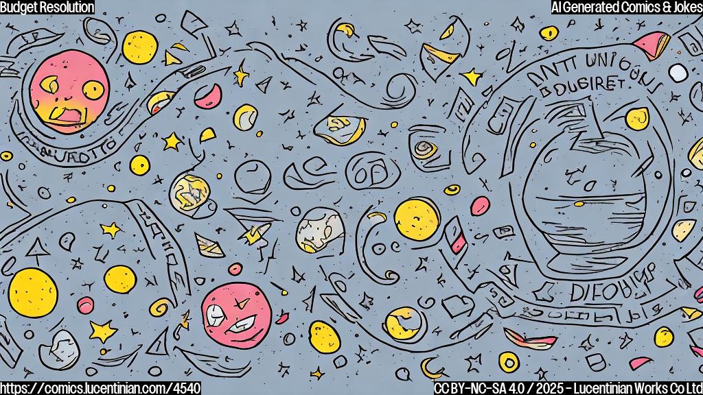 A simple cartoon of a lost budget document with a sad face, surrounded by floating stars and crescent moons, in plain color style.