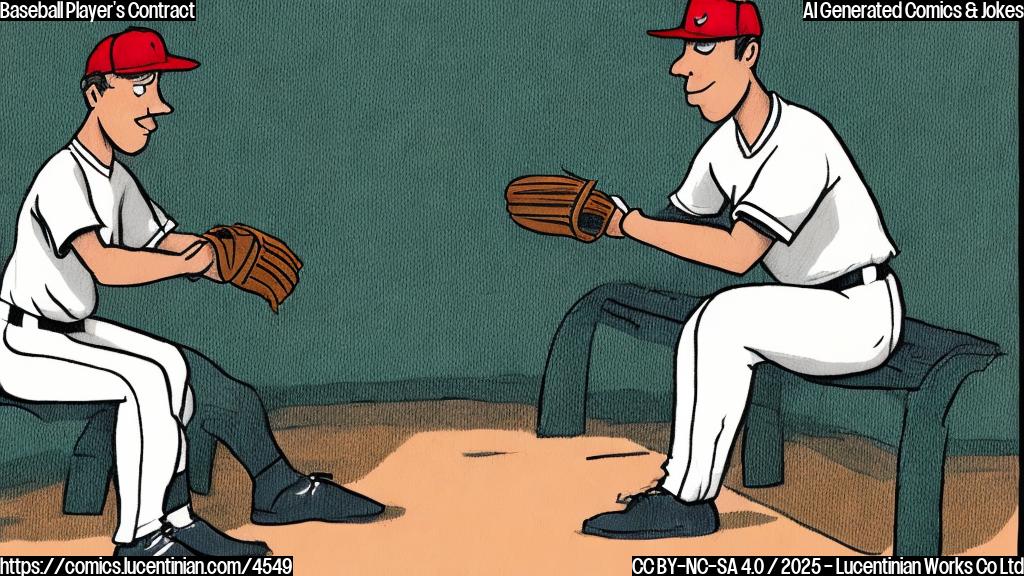 A cartoon drawing in plain color of a sad baseball player sitting on a bench, looking at a contract in his hands. The background is a baseball field.